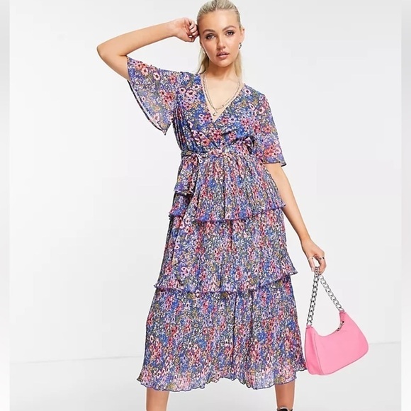 ASOS Dresses & Skirts - ASOS DESIGN wrap front tiered pleated midi dress in navy flirty floral Size 14